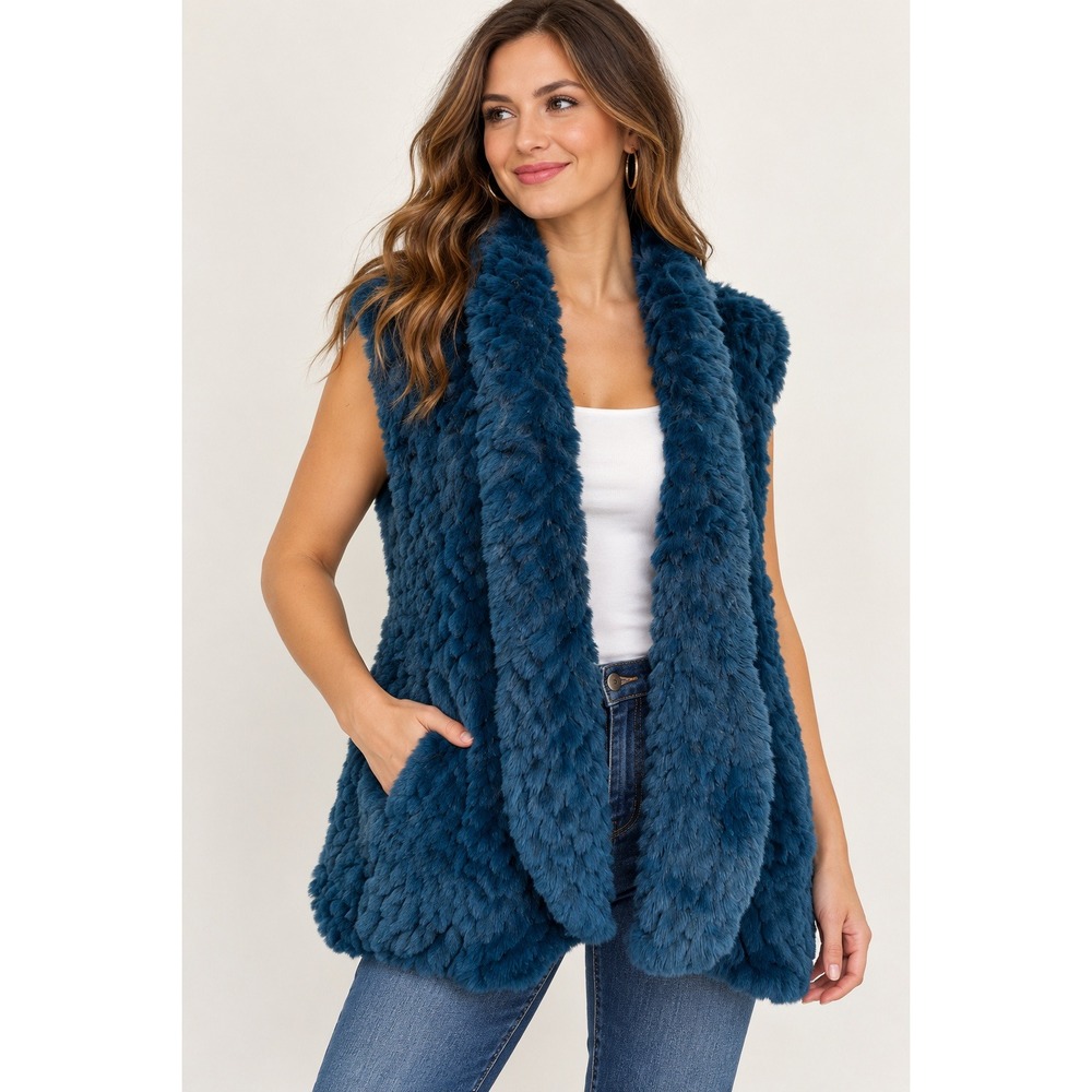 Stella Lorenzo Faux Fur Vest Womens S Teal Boho Glam Textured Open Front Plush